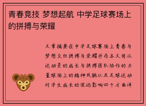 青春竞技 梦想起航 中学足球赛场上的拼搏与荣耀