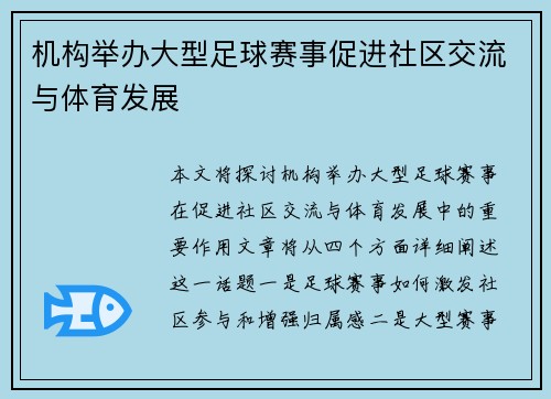 机构举办大型足球赛事促进社区交流与体育发展